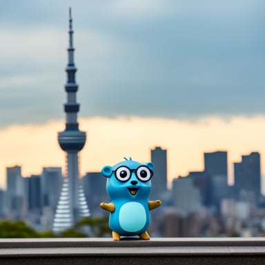 Go Blue Gopher is standing in front of the Tokyo Sky Tree.