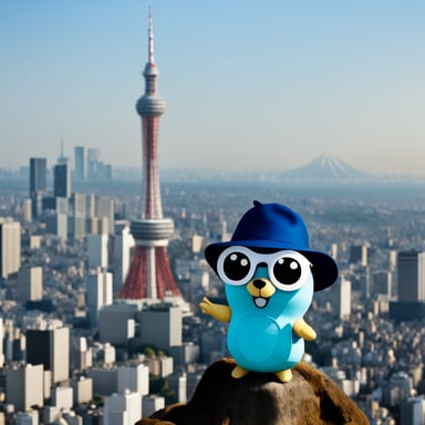 Go Blue Gopher is standing in front of the Tokyo Sky Tree.