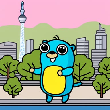 Go Blue Gopher is standing in front of the Tokyo Sky Tree.