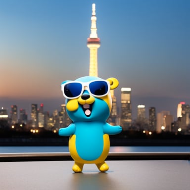Go Blue Gopher is standing in front of the Tokyo Sky Tree.