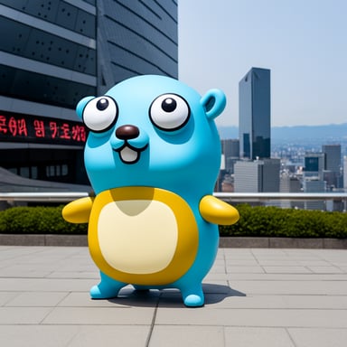 Go Blue Gopher is standing in front of the Umeda Sky Building.