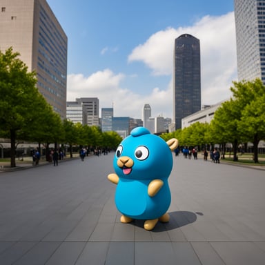 Go Blue Gopher is standing in front of the Umeda Sky Building.