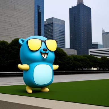 Go Blue Gopher is standing in front of the Umeda Sky Building.