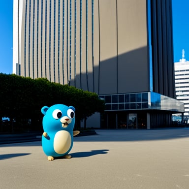Go Blue Gopher is standing in front of the Umeda Sky Building.