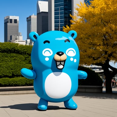 Go Blue Gopher is standing in front of the Umeda Sky Building.