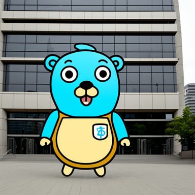 Go Blue Gopher is standing in front of the Umeda Sky Building.