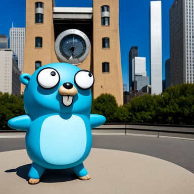Go Blue Gopher is standing in front of the Umeda Sky Building.