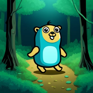 Go blue gopher in dark forest.