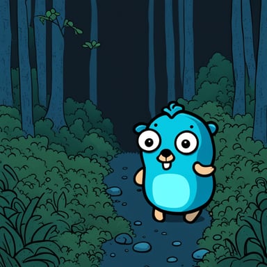 Go blue gopher in dark forest.