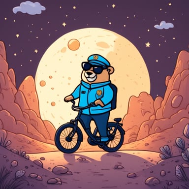 Go Blue Gopher as a policeman on a bicycle on the Moon.