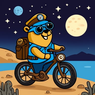 Go Blue Gopher as a policeman on a bicycle on the Moon.