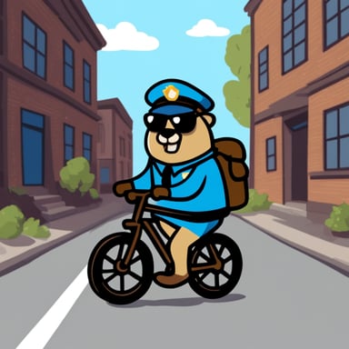 Go blue gopher as a 30-year-old policeman on a bicycle.