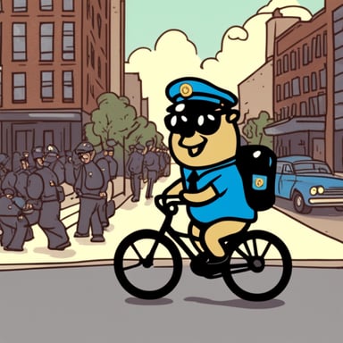 Go blue gopher as a 30-year-old policeman on a bicycle.