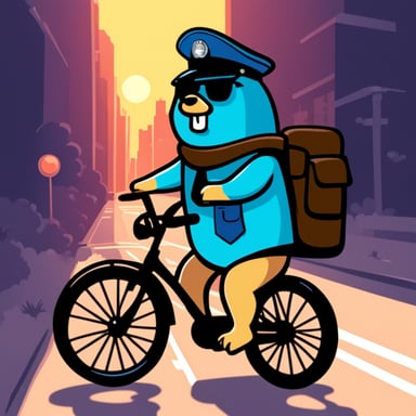 Go Blue Gopher as a 30-year-old policeman on a bicycle.