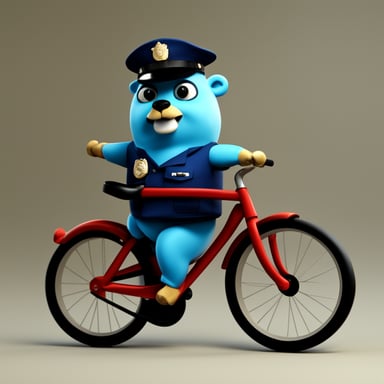 3D realistic Go Blue Gopher as a 30-year-old policeman on a bicycle.