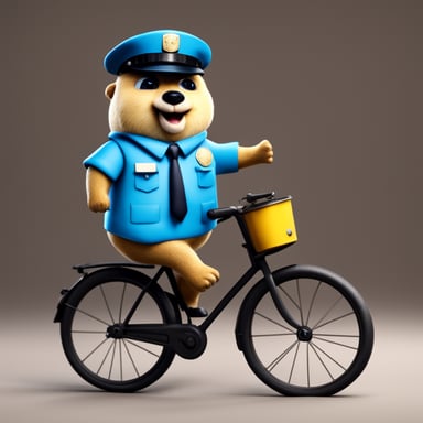 3D realistic Go Blue Gopher as a 30-year-old policeman on a bicycle.