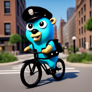 3D realistic Go Blue Gopher as a 30-year-old policeman on a bicycle.