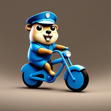 3D realistic Go Blue Gopher as a 30-year-old policeman on a bicycle.
