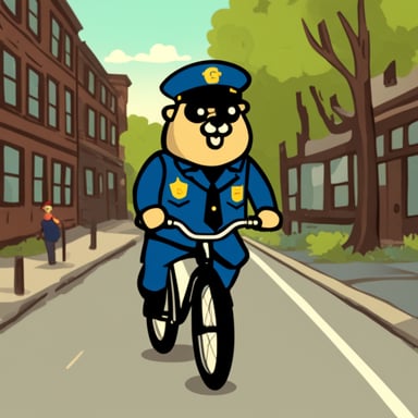 Go Blue Gopher as a 30-year-old policeman on a bicycle.