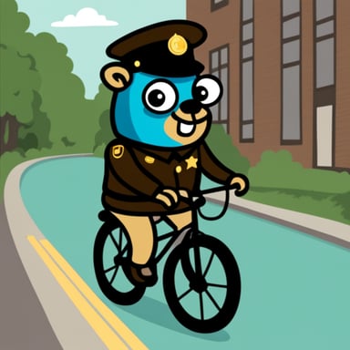Go Blue Gopher as a 30-year-old policeman on a bicycle.