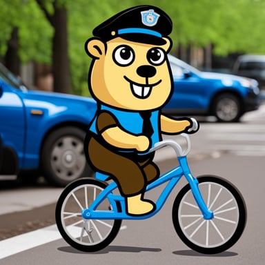 Go Blue Gopher as a 30-year-old policeman on a bicycle.