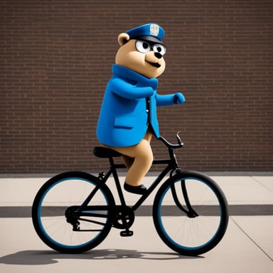 Go Blue Gopher as a 30-year-old policeman on a bicycle.