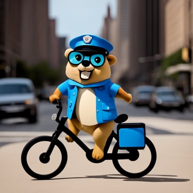 Go Blue Gopher as a policeman on a bicycle.