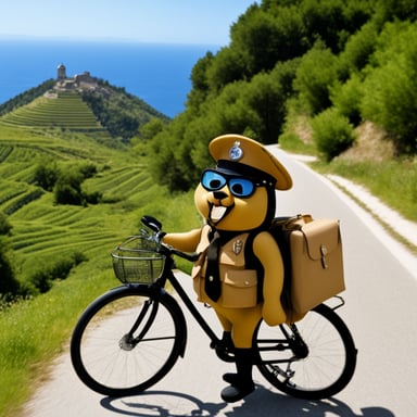 Go Blue Gopher as a 30-year-old policeman on a bicycle eating a mushroom in Sicily.