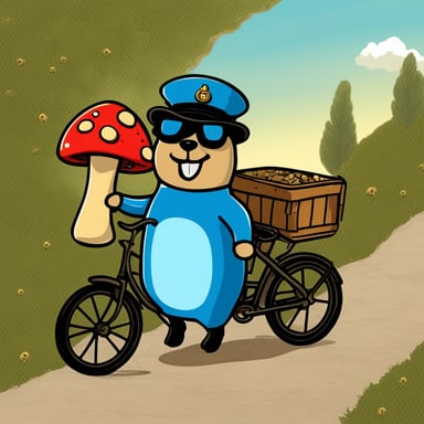 Go Blue Gopher as a 30-year-old policeman on a bicycle eating a mushroom in Sicily.