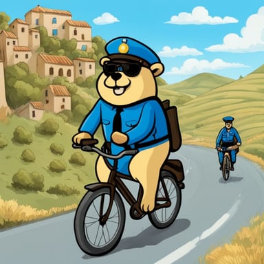 Go Blue Gopher as a 30-year-old policeman on a bicycle eating a mushroom in Sicily.