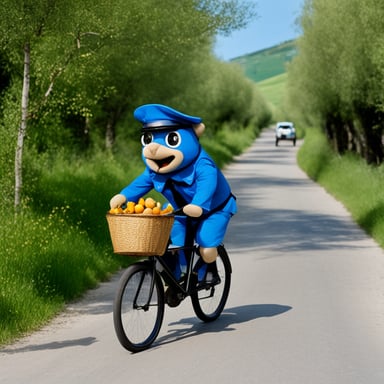 Go Blue Gopher as a 30-year-old policeman on a bicycle eating a mushroom in Sicily.