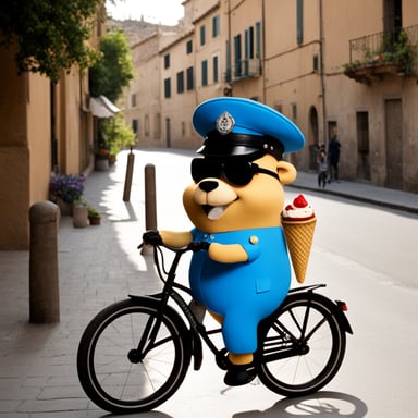 Go Blue Gopher as a 30-year-old policeman on a bicycle eating ice cream in Sicily.