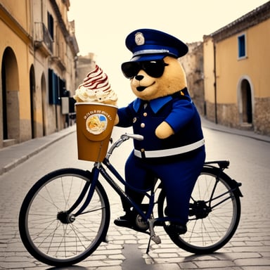Go Blue Gopher as a 30-year-old policeman on a bicycle eating ice cream in Sicily.