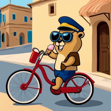 Go Blue Gopher as a 30-year-old policeman on a bicycle eating ice cream in Sicily.