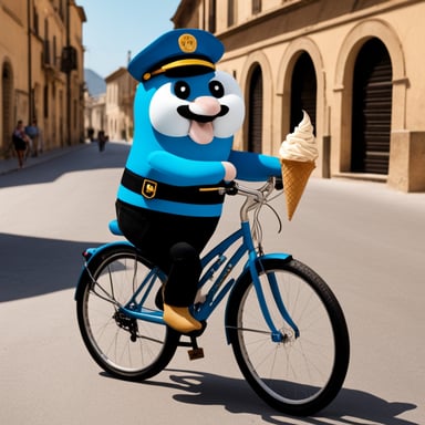 Go Blue Gopher as a 30-year-old policeman on a bicycle eating ice cream in Sicily.