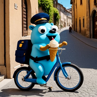 Go Blue Gopher is a 30-year-old policeman riding his bicycle and enjoying some ice cream in Italy.