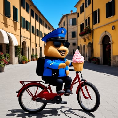 Go Blue Gopher is a 30-year-old policeman riding his bicycle and enjoying some ice cream in Italy.