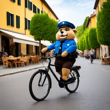 Go Blue Gopher is a 30-year-old policeman riding his bicycle and enjoying some ice cream in Italy.