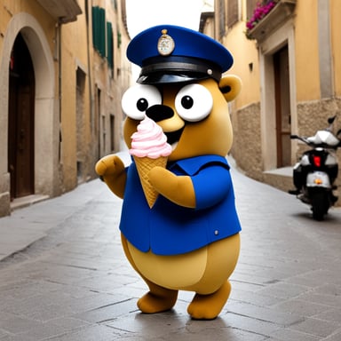 Go Blue Gopher enjoys ice cream with a policeman in Italy.