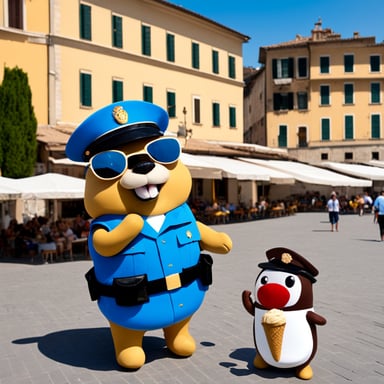 Go Blue Gopher enjoys ice cream with a policeman in Italy.