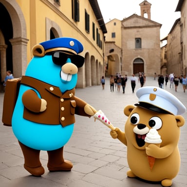 Go Blue Gopher enjoys ice cream with a policeman in Italy.
