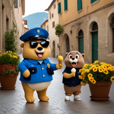 Go Blue Gopher enjoys ice cream with a policeman in Italy.