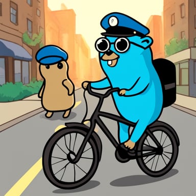 Go Blue Gopher as an invisible gopher with a human policeman on a bicycle.
