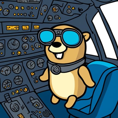 Go Blue Gopher is in a plane's cockpit.