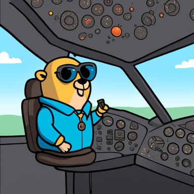 Go Blue Gopher is in a plane's cockpit.