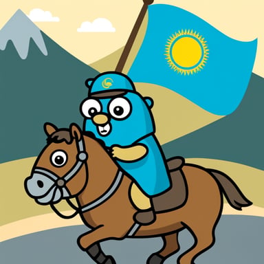 Go Blue Gopher rides a horse and holds the flag of Kazakhstan.