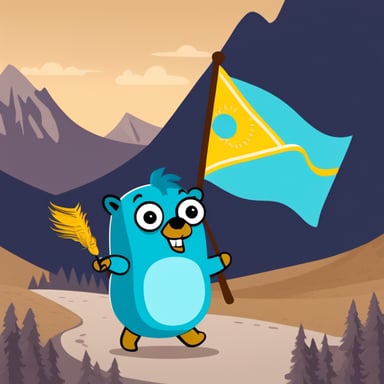 Go Blue Gopher rides a horse and holds the flag of Kazakhstan.