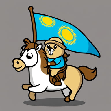 Go Blue Gopher rides a horse and holds the flag of Kazakhstan.