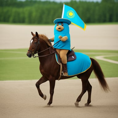 Go Blue Gopher rides a horse and holds the flag of Kazakhstan.