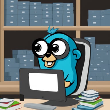 Draw Go Blue Gopher surrounded by many files of the Linux operating system, monitoring the files and sending a message to the decision-making center if they change.